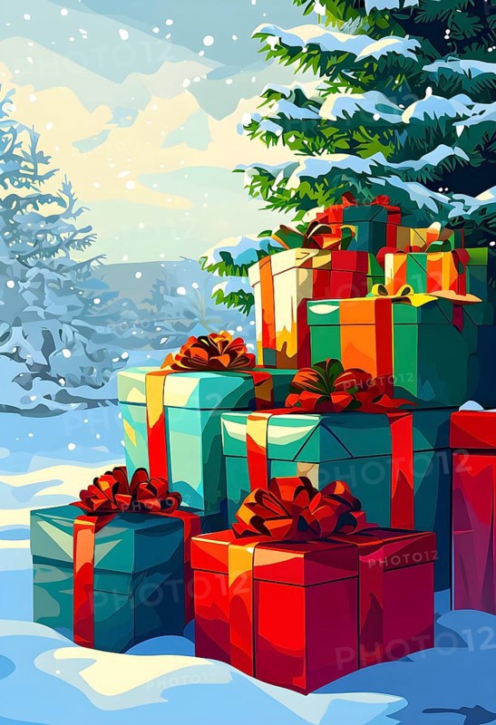 Abstract illustration of wrapped Christmas gifts, shiny ribbons and bows, stacked under a snow-dusted evergreen tree in a snowy outdoor setting, AI generated