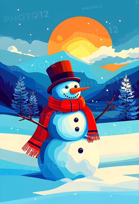 Abstract illustration of a snowman in an idyllic snowy winter landscape, hills and mountains and snow covered trees, AI generated