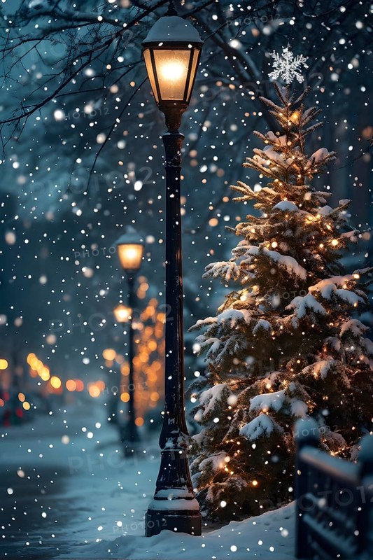 Christmas Eve with snowflakes fall under the light of a streetlamp with a decorated tree in the background, AI generated