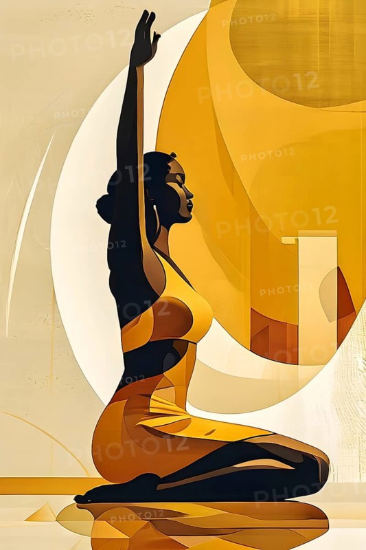 Abstract illustration of a tranquil figure in an asana yoga pose with fluid lines in soothing colors, AI generated