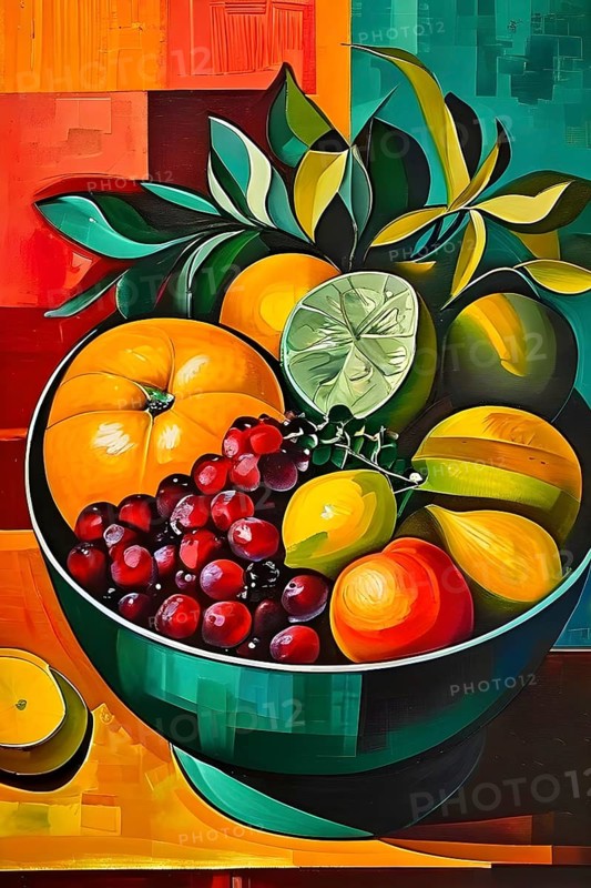 Vibrant illustration of a bowl brimming with a cascade of fresh fruits and vegetables, AI generated