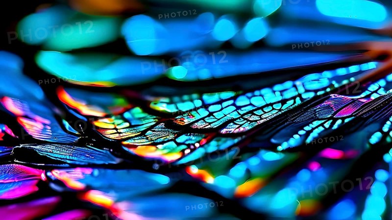 Vibrant butterfly wing with iridescent scales and network of veins, AI generated