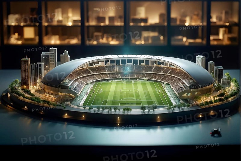 Scale model of modern soccer stadium on a polished conference table, AI generated