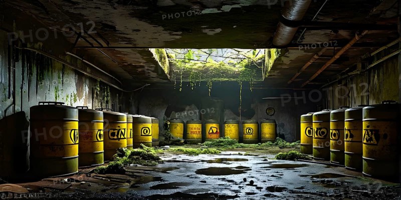 Abandoned underground bunker with radioactive old barrels, AI generated