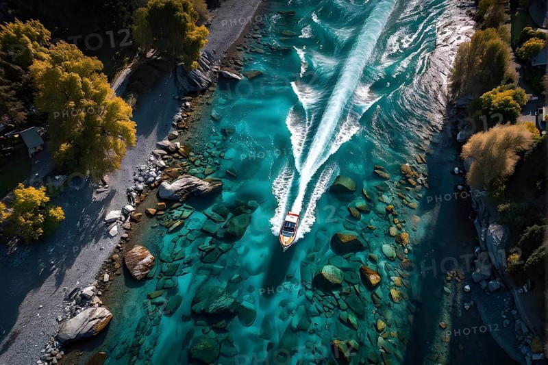 Aerial view on a high speed boat racing along a rivers serpentine, AI generated