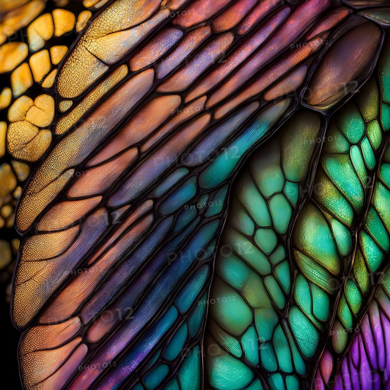Vibrant butterfly wing with iridescent scales and network of veins, AI generated