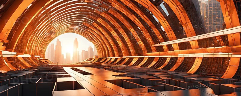 Abstract geometric pattern tunnel structure embodying data streams and communication in orange hues, AI generated