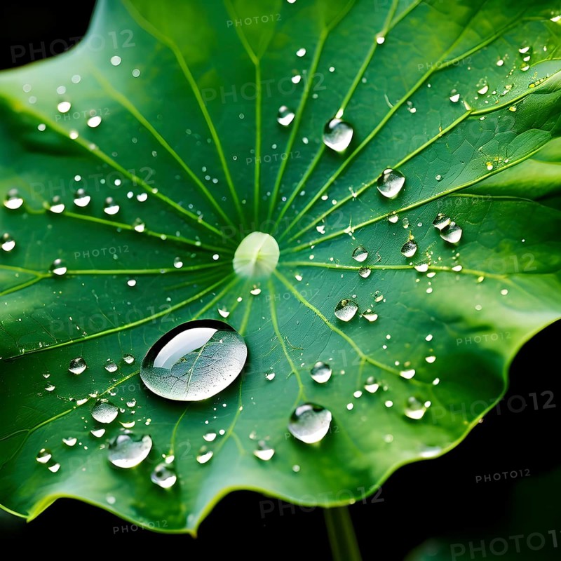 Close up of a lotus leaf showcasing its hydrophobic tendencies repelling water droplets, AI generated