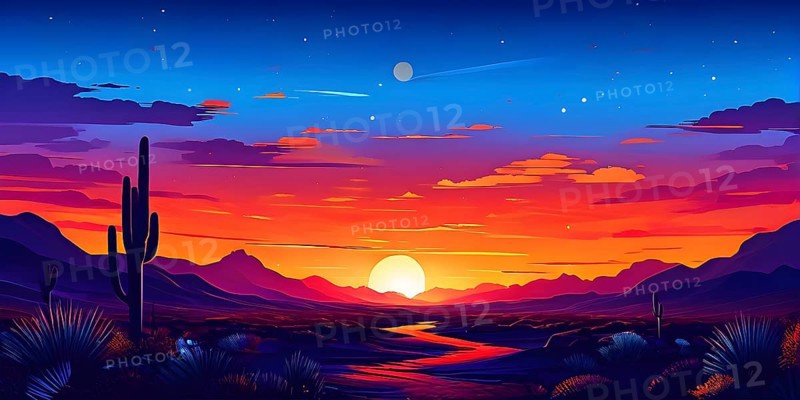 Abstract illustration of a sunset over a desert landscape in vivid and vibrant colors, AI generated