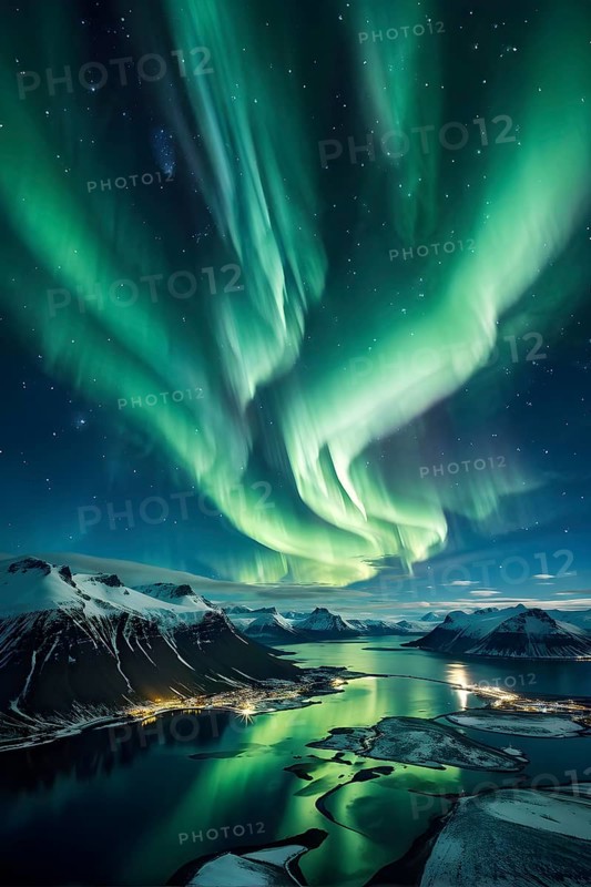 Aurora borealis illuminating snow covered fjord landscape in vibrant hues, AI generated