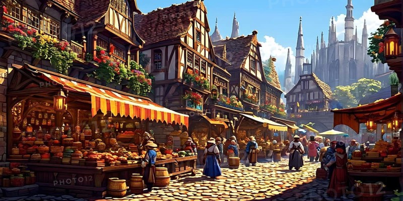 Pixel art scene of a bustling medieval marketplace with vendors displaying various goods, AI generated