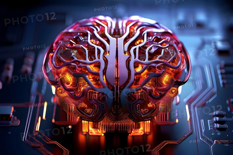 Human brain intricately interlinked with the circuits of a computer board symbolizing artificial intelligence, AI generated