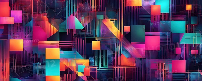 Abstract geometric patchwork illustration with vibrant intersecting geometric shapes filled with digital pattern, AI generated