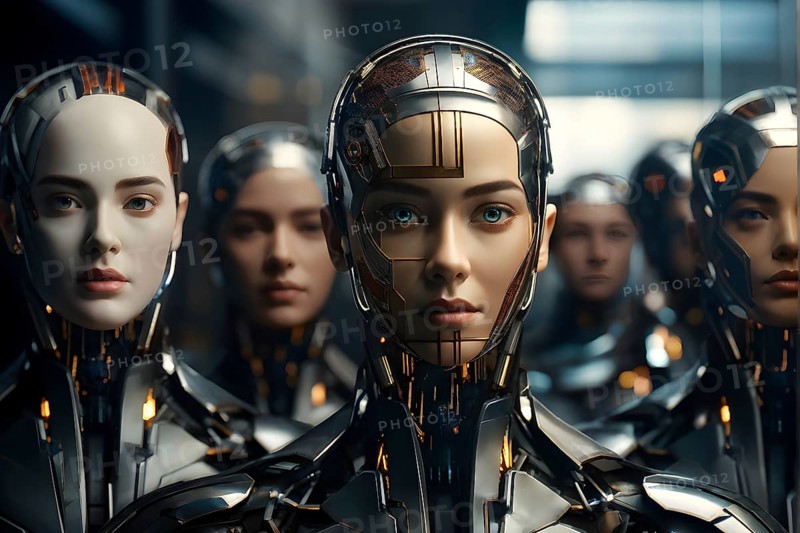 Advanced humanoid robot heads illustrating future robot concepts, AI generated