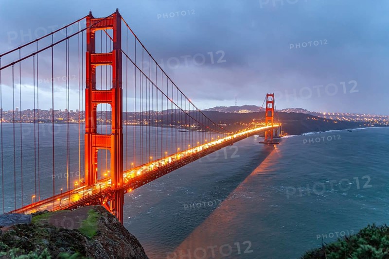 The illuminated Golden Gate Bridge in San Francisco at dusk, California, United States of America, USA, North America