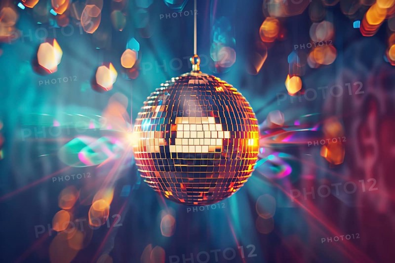 A disco ball is suspended from the ceiling at party in nightclub, reflecting the lights and creating a festive atmosphere, AI generated