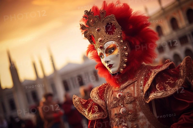 A person adorned in a traditional Venetian carnival mask and costume, with the iconic architecture of Venice silhouetted against a stunning sunset, AI generated