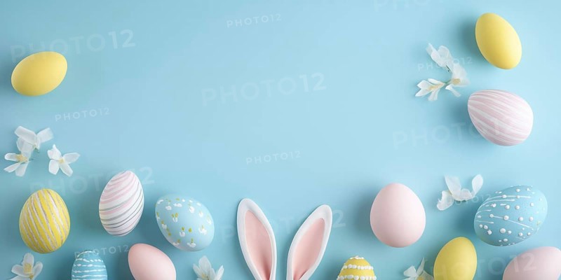 Easter eggs and Easter bunny for Easter with blue background greeting card banner with text free space Copyspace in Stuttgart, Germany, AI generated, Europe