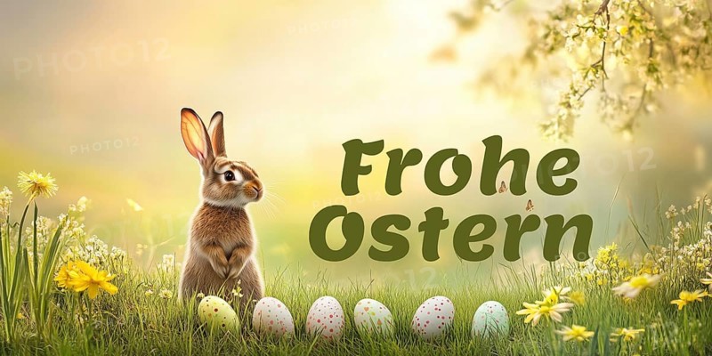 Happy Easter greeting card with Easter bunny Easter eggs in spring flowers card banner generated in Stuttgart, Germany, KI, AI generated, Europe