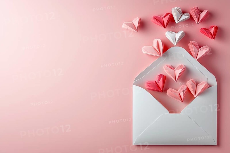 Valentine's Day love letter with envelope and hearts on pink background generated with copy space Copyspace in Stuttgart, Germany, KI, AI generated, Europe