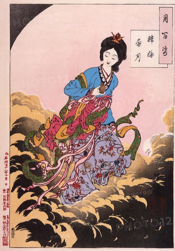 Tsukioka Yoshitoshi (1839 - 9 June 1892) one of the last great masters of the classical Japanese colour woodcut, here the work Chang E Flees to the Moon