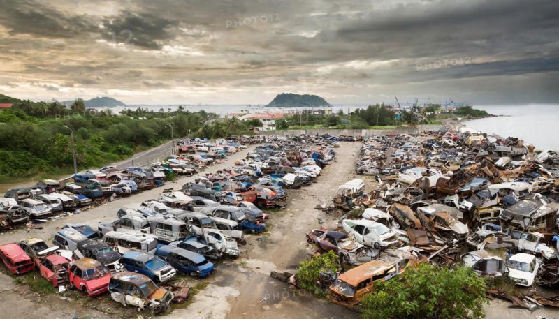 Symbolism, large junkyard with wrecked cars, scrap cars, scrap metal, AI-generated, AI-generated, AI generated