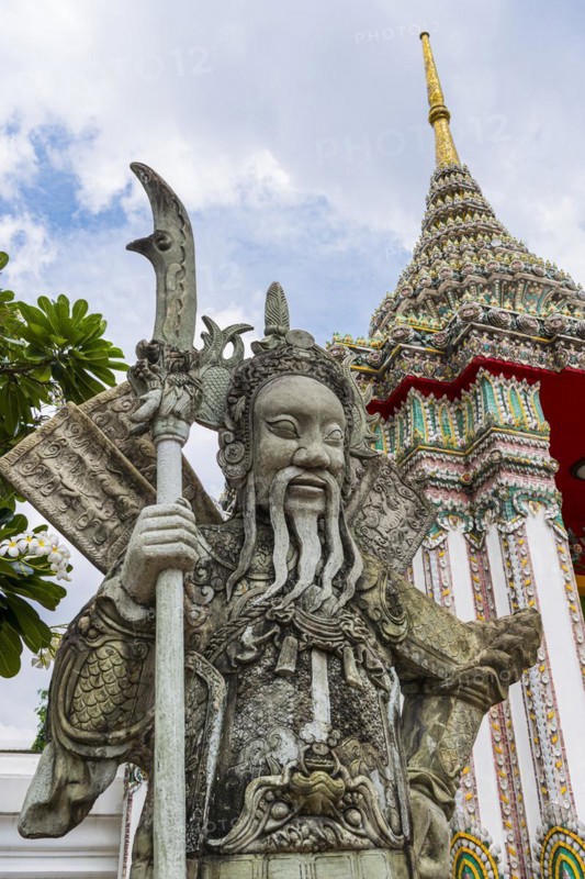 Stone sculpture in Wat Pho temple, Buddhism, religion, world religion, sculpture, sculpture, art, statue, garden, culture, believing, faith, peace, park, asian, stone, beard, man, male, travel, holiday, tourism, guard, guardian, representation, palace, tradition, traditional, decoration, decorated, facade, tower, house of prayer, building, attraction, landmark, Bangkok, Thailand, Asia
