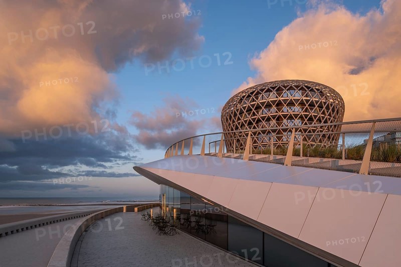 SILT venue housing casino, hotel and restaurant on promenade in seaside resort Middelkerke along the North Sea coast at sunset, West Flanders, Belgium, Europe
