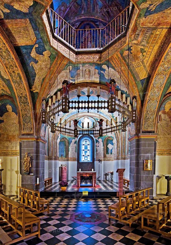 St. Maria and Clemens, Romanesque double church, lower church, view into the choir with ceiling paintings, Bonn, North Rhine-Westphalia, Germany, Europe