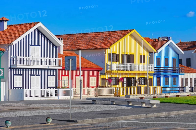 Traditional wooden striped houses, Costa Nova do Prado, Aveiro, Portugal, Europe