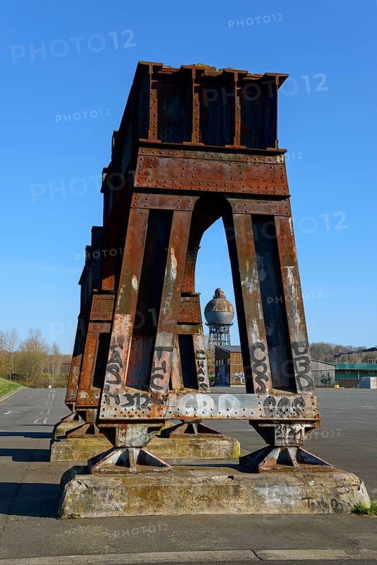 Rusty steel structures with graffiti in front of a clear blue sky in an abandoned industrial environment, Kugelwasserturm, landmark, Ilseder Hütte, Ilsede, district of Peine, Lower Saxony, Germany, Europe