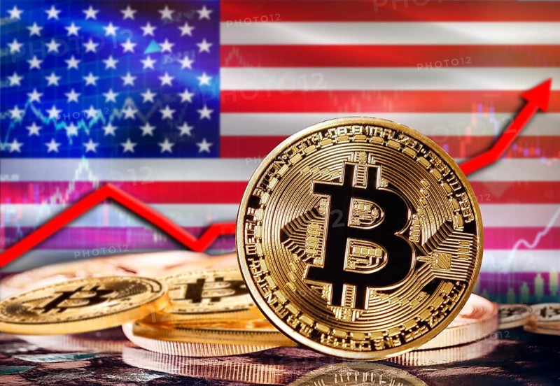 Bitcoin with USA flag in the background. Bitcoin rising with USA flag in the background