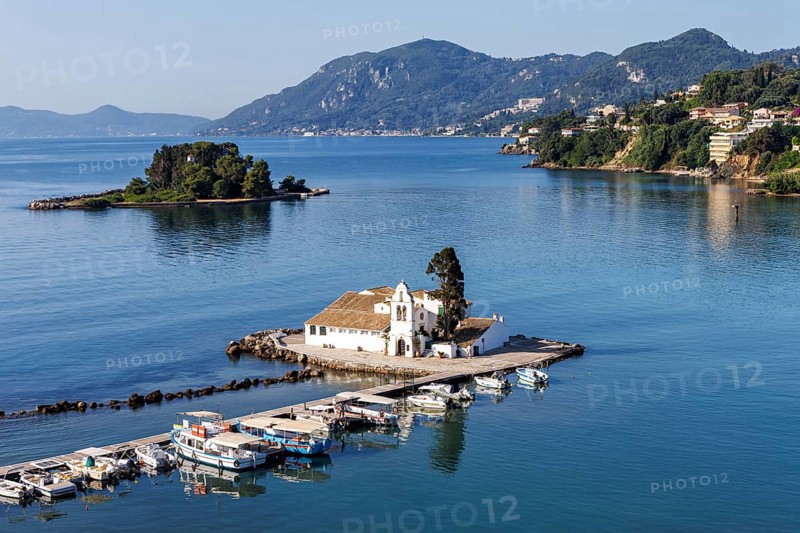 Vlacherna Monastery and Mouse Island in the Mediterranean Sea from above on the island of Corfu, Greece, Europe