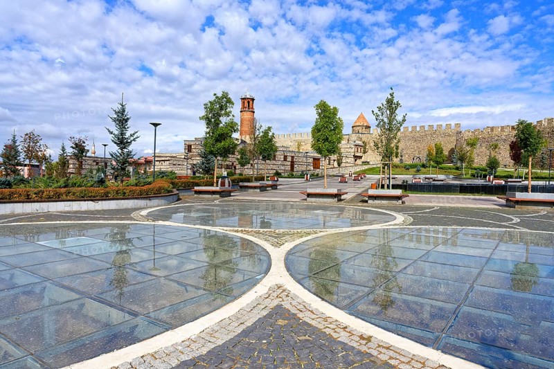 Reflections in the glass grounded Kale city park and Erzurum byzantine castle, Anatolia, Turkey, Asia