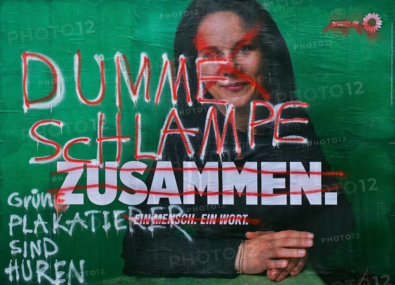 Denigration of a large poster for the 2025 federal election by the Greens with Annalena Baerbock, Witten, Ruhr area, Germany, Europe