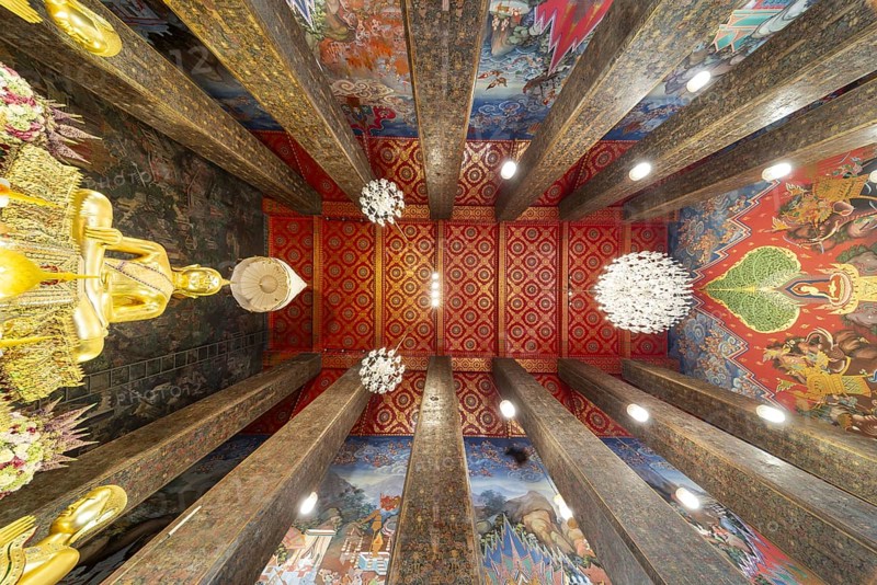 Frog's-eye view: coffered ceiling and golden Buddha statue, Bhumispara-mudra, Buddha Gautama at the moment of enlightenment, Wat Worawihan, Wat Prayurawongsawas Worawihan, Bangkok, Thailand, Asia