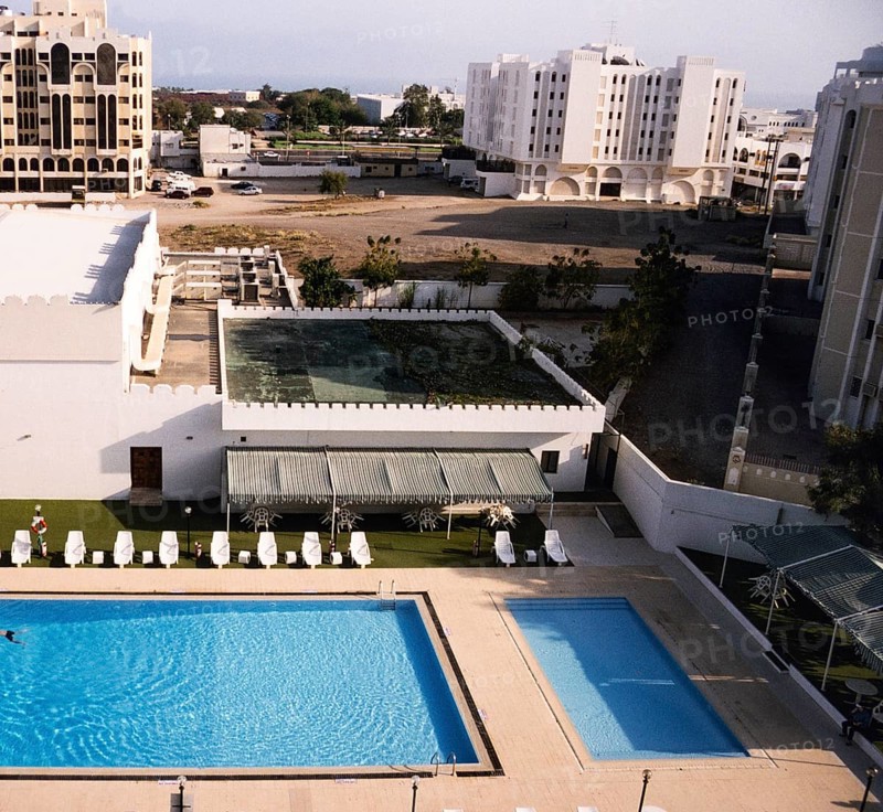 View of the swimming pool from the Holiday Inn Hotel, Muscat, Oman 1998