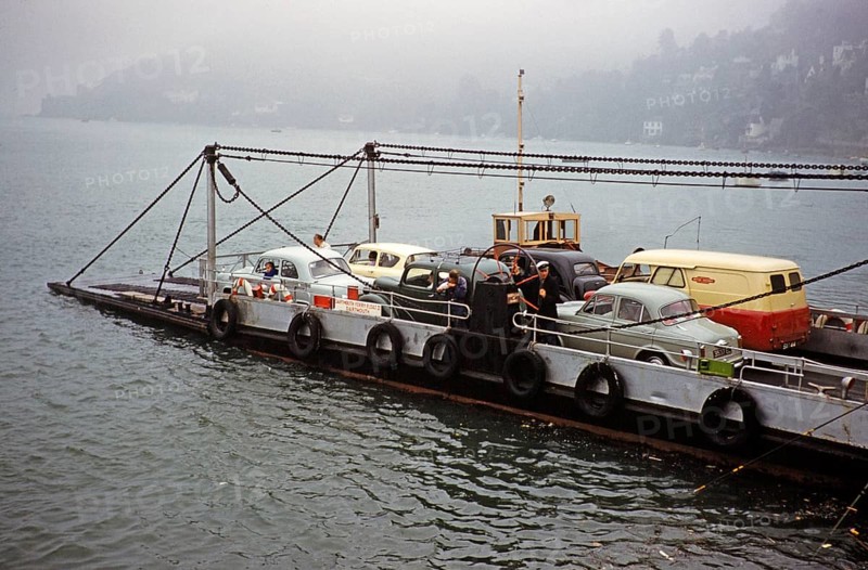 Cars and vans on a car ferry between Kingswear and Dartmouth, Devon, England, United Kingdom, early 1960s, Europe