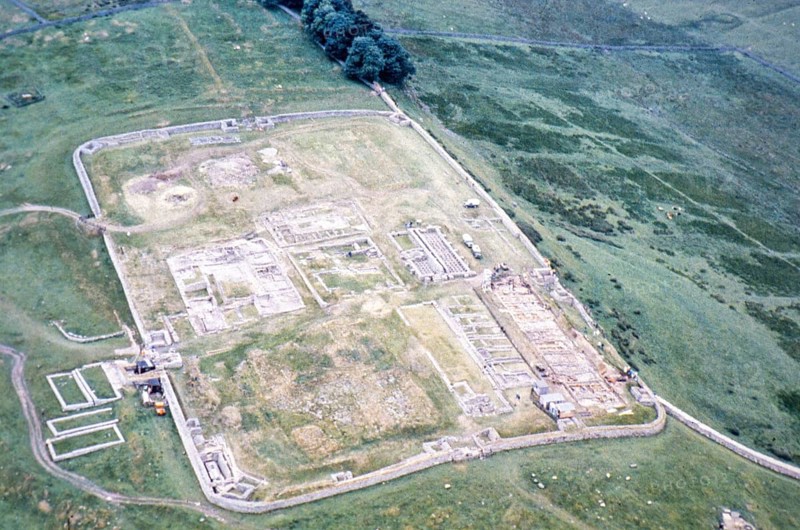 Series of oblique aerial photographs of sites associated with Hadrian's Wall, circa 1970s Roman fort Housesteads, Northumberland, England, United Kingdom from the east