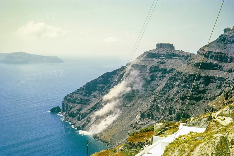 Landslide of volcanic rocks cliff at Fira, Santorini, Cyclades islands, Greece, Europe, 1972, Europe