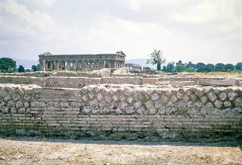 Excavations in foreground, Greek temples at Paestum archaeological park, Campania, Italy, Europe 1967 1967, Europe