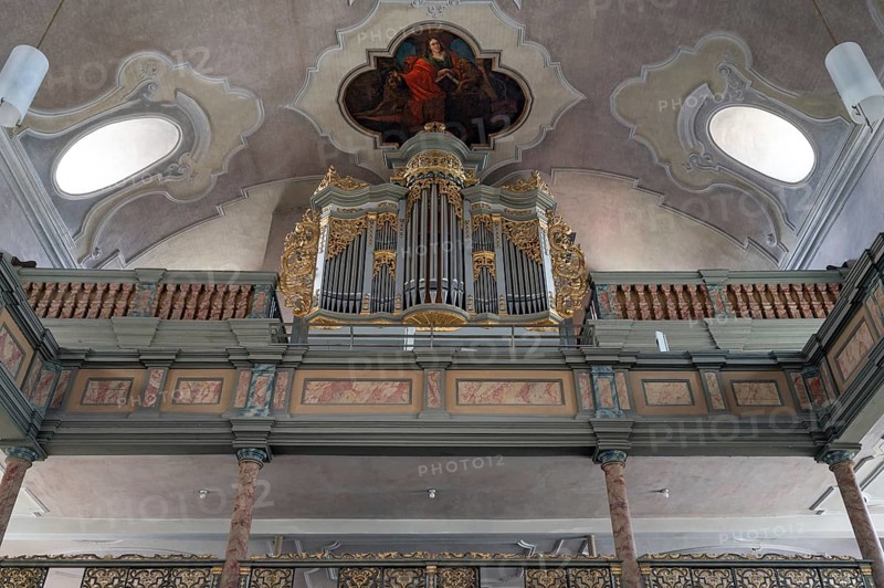 Organ loft, organ built in 1783 by Elias Hößler, Protestant town church of St. Maria, baroqueised in the 18th century, Hersbruck, Middle Franconia, Bavaria, Germany, Europe
