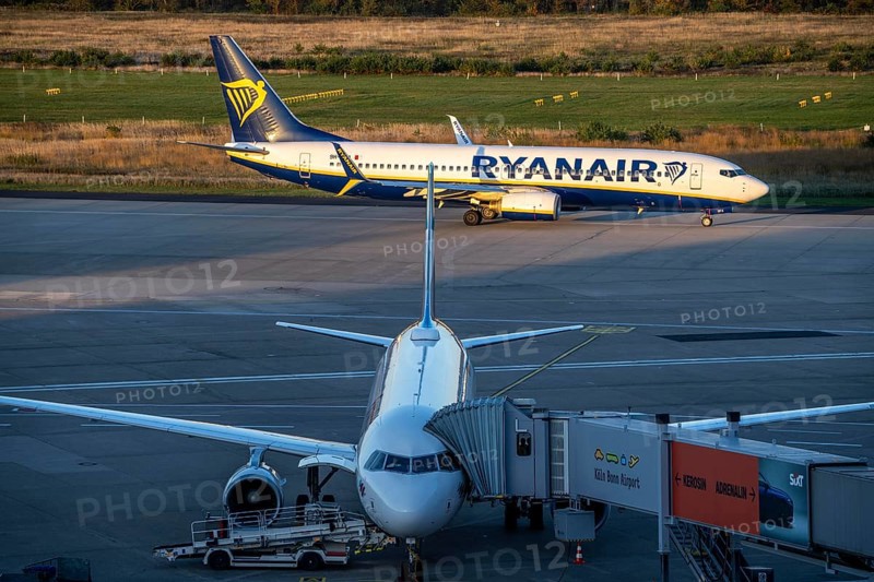 Eurowings Airbus at Terminal 1, C-Gates, Ryanair Boeing 737 taxiing to the runway, Cologne-Bonn Airport, CGN, North Rhine-Westphalia, Germany, Europe
