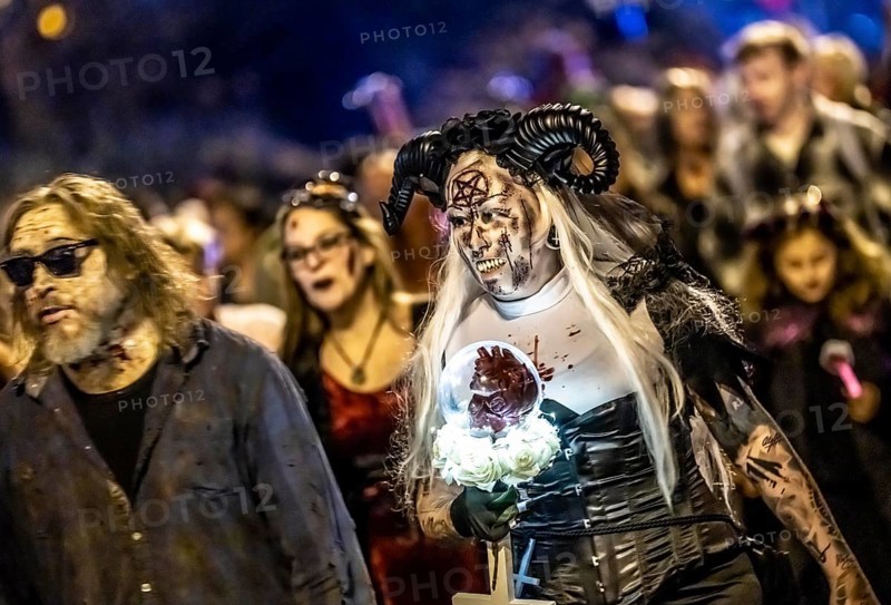 The Zombiewalk in Essen, on Halloween several hundred people, some dressed as scary zombies, undead, walked from the main railway station to the district of Rüttenscheid, North Rhine-Westphalia, Germany, Europe
