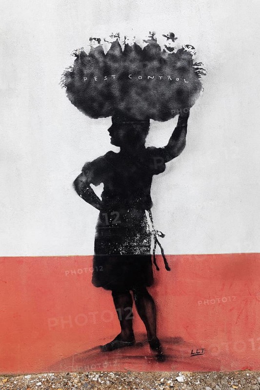 Black woman carrying nest with rats on her head, Pest Control, ironic mural on infectious diseases by street artist L.E.T., Urban Art, Düsseldorf, North Rhine-Westphalia, Germany, Europe