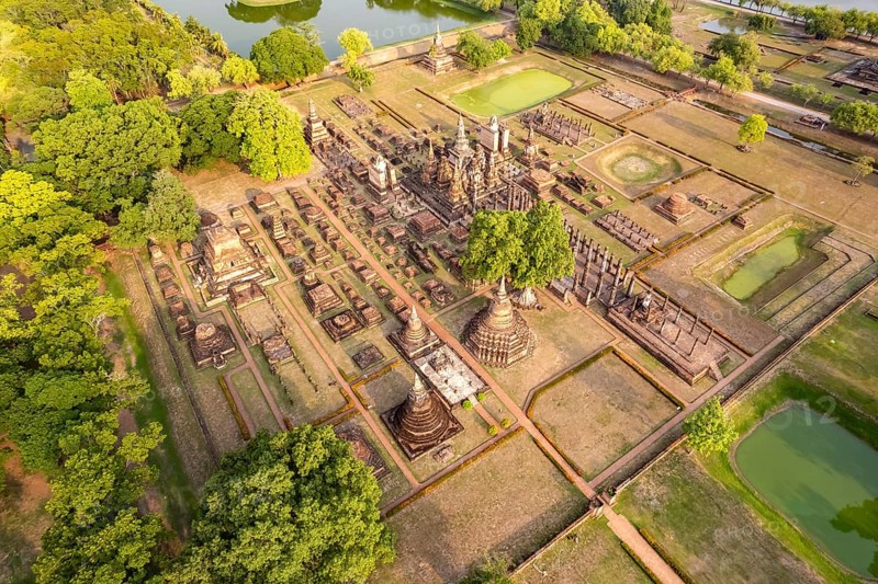 The central Buddhist temple Wat Mahathat seen from the air, UNESCO World Heritage Sukhothai Historical Park, Thailand, Asia