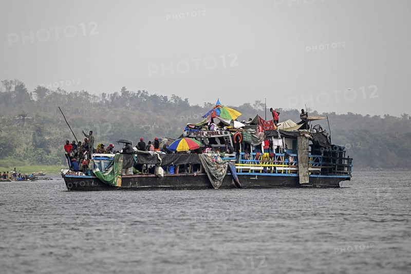 Overloaded ferry on the Congo River, near Tshumbiri, Mai-Ndombe Province, Democratic Republic of the Congo
