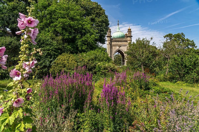 Garden and north entrance of the Royal Pavilion in the seaside resort of Brighton, England, Great Britain