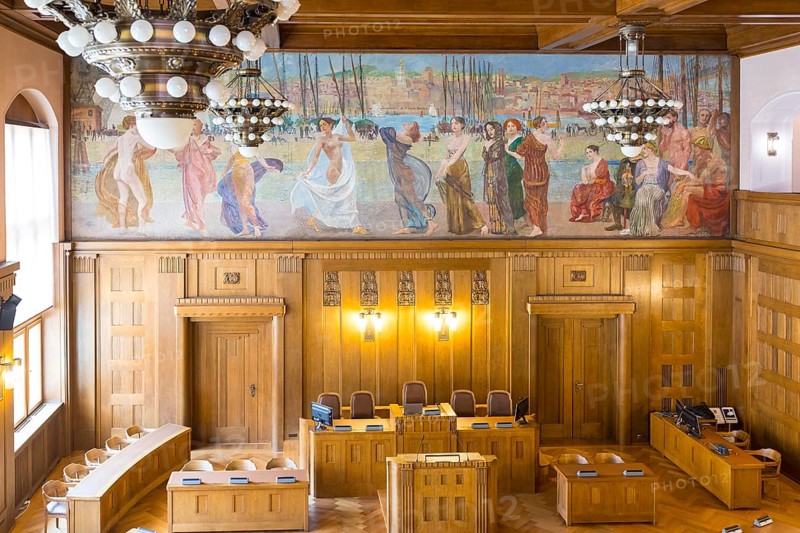 City council chamber with painting by Max Klinger, interior design of the town hall in Chemnitz, Saxony, Germany, Europe