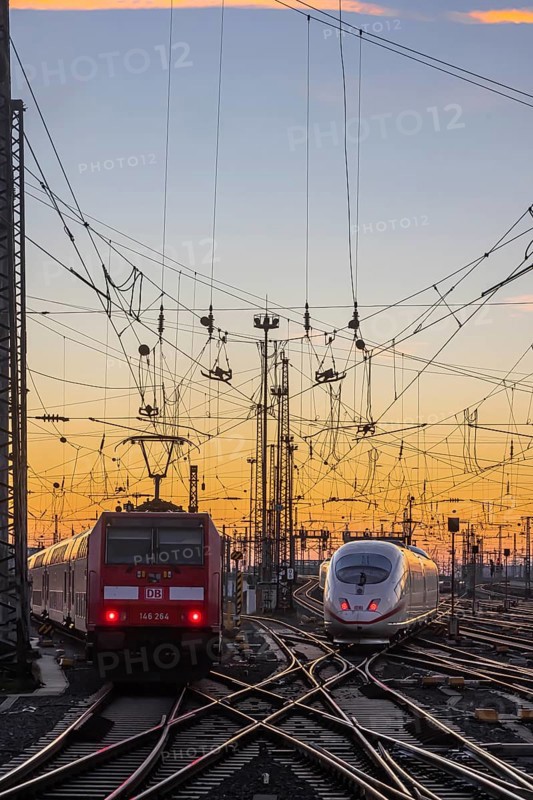 Track apron with trains, rails, points, pylons and signalling systems. Infrastructure at the main station. Sunset. Frankfurt am Main, Hesse, Germany, Europe